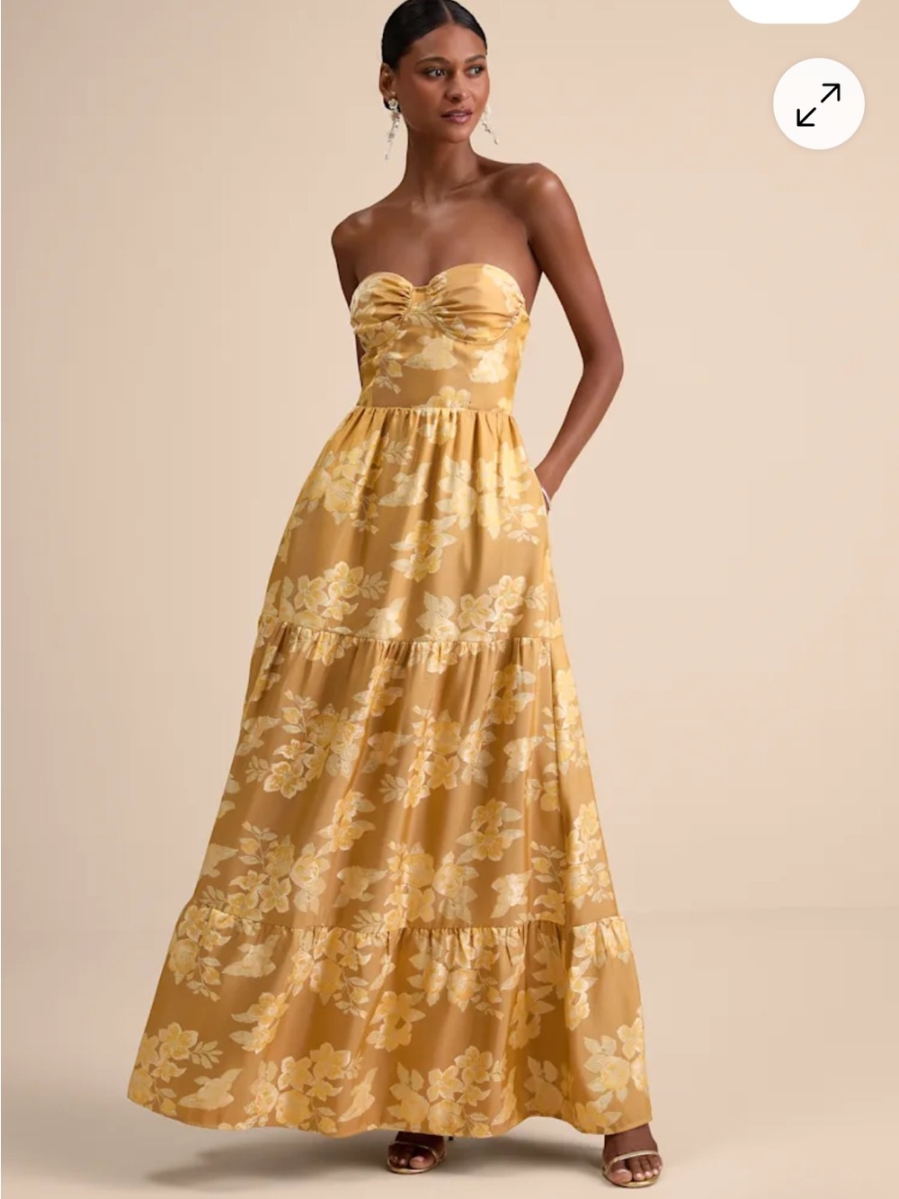 Lulus Petrina Golden Yellow Floral Jacquard Strapless Maxi Dress Medium NWT